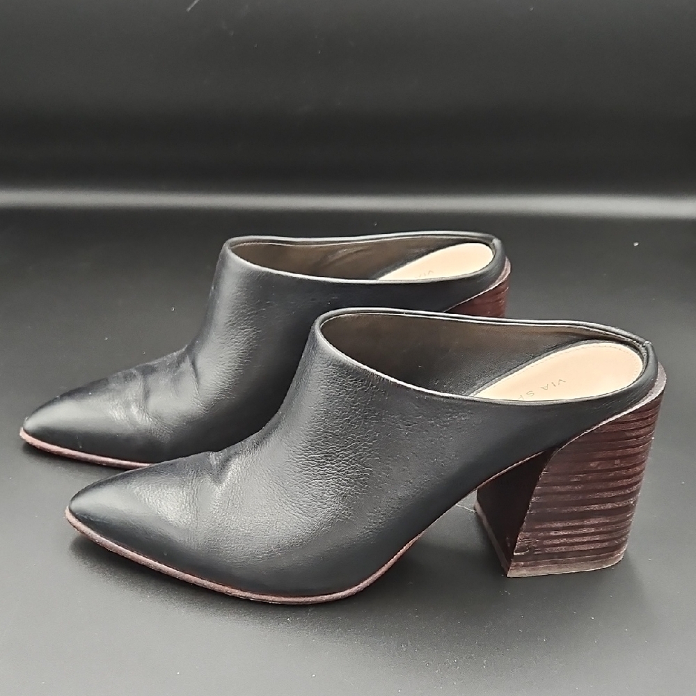 Via Spiga Black Leather Pointed Toe Mules • Women’s 7.5 • Vero Cuoio Italian Sol